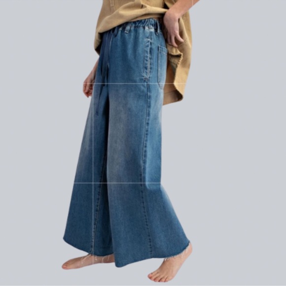 NEW IN WASHED DENIM WIDE LEG DRAW STRING JEANS PANTS - Picture 2 of 6